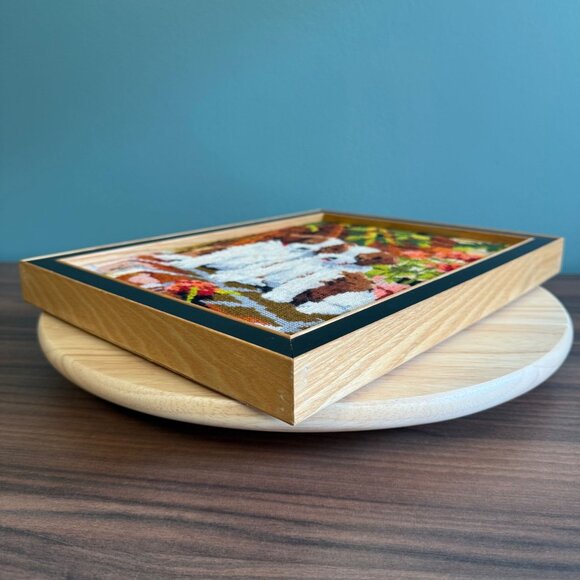 Vintage Framed Needlepoint St. Bernard Puppies Cross-Stitch Art In Wooden Frame - Picture 6 of 10